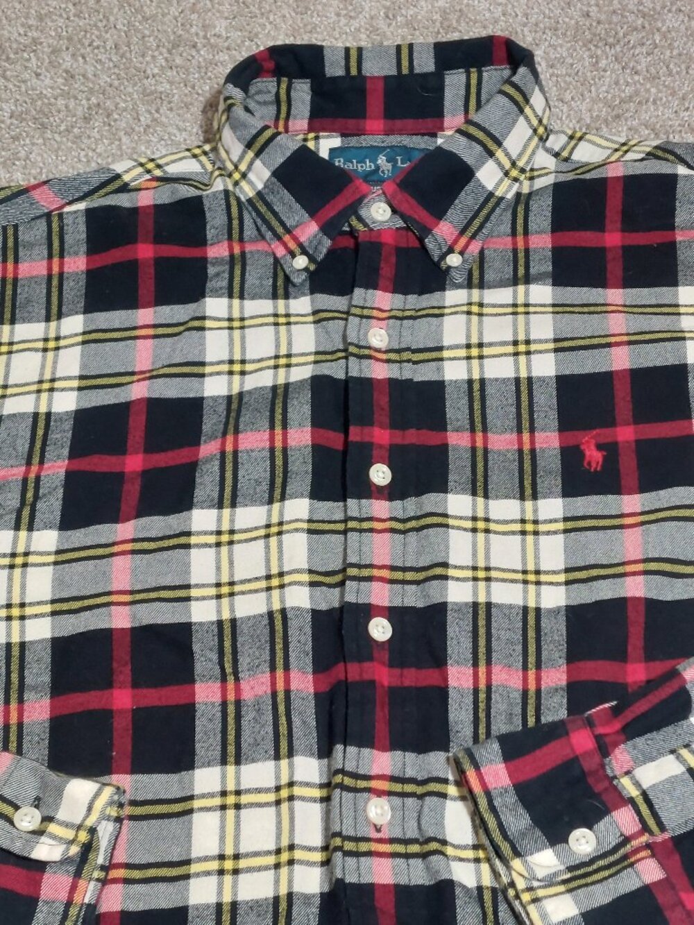 Ralph Lauren Custom Fit Plaid Flannel Shirt Red Black Tartan Size L